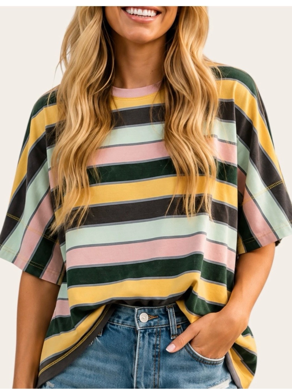 Women’s Relaxed Stripe Short-Sleeve Tee in Mustard, Pink & Green
